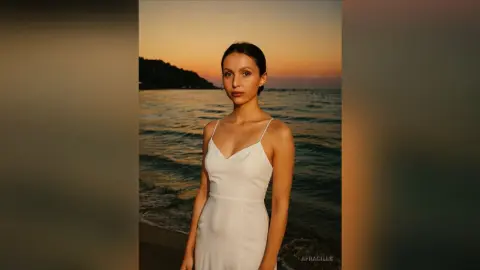 Elegant woman in a white slip dress standing on a beach at sunset with a serene mood.