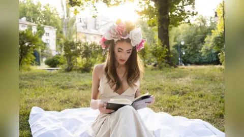 Dreamy woman in a cream dress wearing a floral crown reading a book on a white blanket in a sunny park.