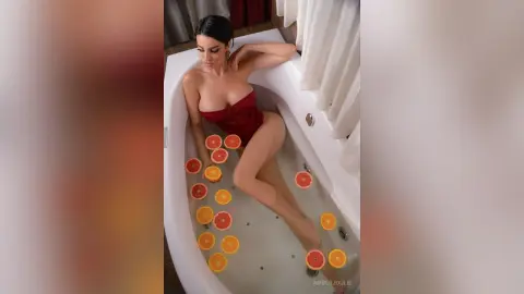 Glamorous woman in a red swimsuit relaxing in a white bathtub filled with floating orange slices.