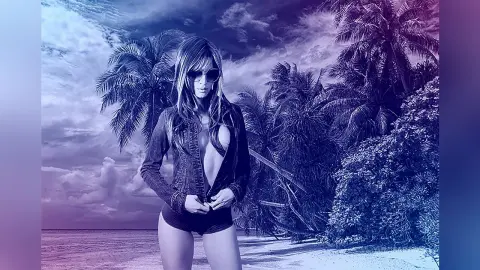 Fashionable woman in denim jacket and black shorts posing on a tropical beach with palm trees under a purple sky.