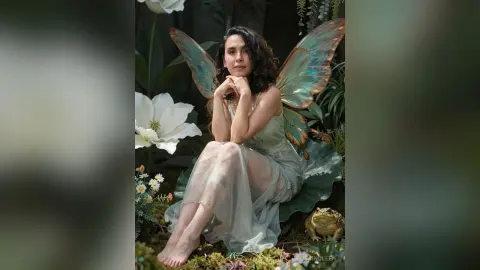 Ethereal woman in a flowing white dress with iridescent fairy wings sitting in a dreamy floral garden.