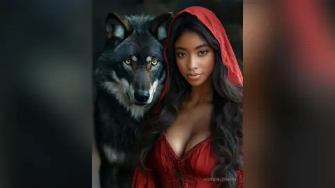 Mystical woman in a red hooded cloak standing beside a large grey wolf in a moody forest setting.