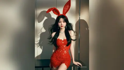 Beautiful woman in a red lace bunny outfit and headband posing in a moody studio setting.