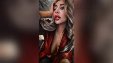 Glamorous blonde woman in a red silk blouse posing with a moody, high-fashion aesthetic.