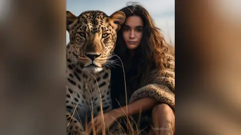 Young woman in a fuzzy brown coat sitting beside a large leopard in a dreamy, golden outdoor setting.