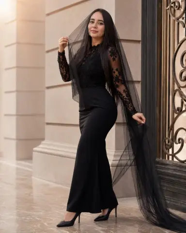 Elegant woman in a black lace long-sleeve gown and sheer veil posing against a classic stone building.