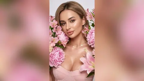 Beautiful woman in a pink corset surrounded by blooming pink flowers in a romantic floral setting.