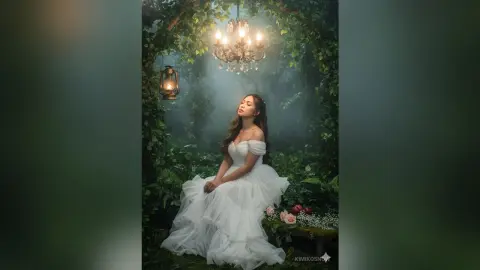 Dreamy woman in a flowing white gown sitting in a mystical forest under a glowing vintage chandelier.