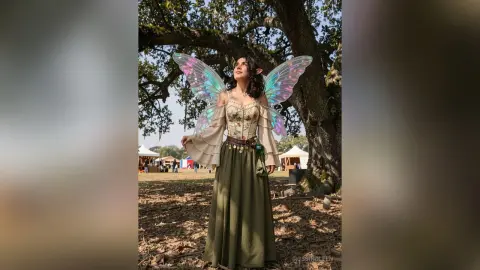 Ethereal fairy woman in a cream bodice and green skirt with iridescent wings standing in a sunny forest clearing.