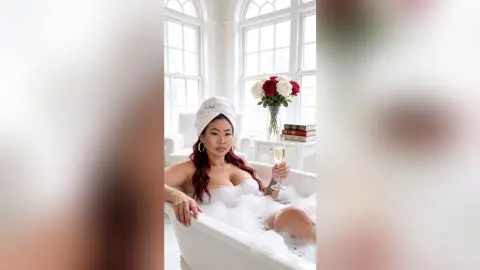 Relaxed woman in a white towel turban relaxing in a bubble bath with champagne in a bright, luxury bathroom.