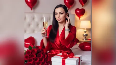 Elegant woman in a red satin robe holding champagne near red heart balloons and roses for a romantic mood.