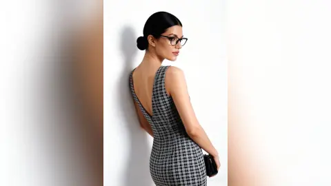 Elegant woman in a grey plaid sleeveless dress and black glasses posing against a white wall.