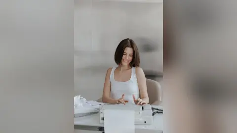 Smiling young woman in a white tank top using a vintage typewriter in a bright, minimalist office setting.