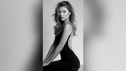Elegant woman in a sleek black backless dress posing for a sophisticated black and white studio portrait.
