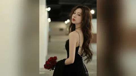 Elegant woman in a black evening dress holding red roses in a moody, dimly lit indoor setting.