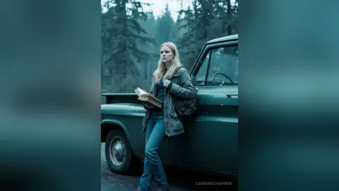 Blonde woman in a casual jacket and jeans holding a book by a vintage green truck in a moody forest setting.