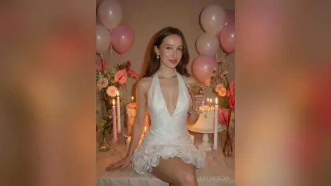 Young woman in a white cocktail dress holding a drink at a dreamy pink birthday party with balloons and cake.