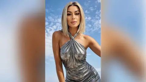 SinnaRay poses in a shiny silver halter dress against a blue sky with clouds.