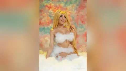 Smiling blonde woman in a white fluffy cloud costume posing against a colorful pastel dreamy background.
