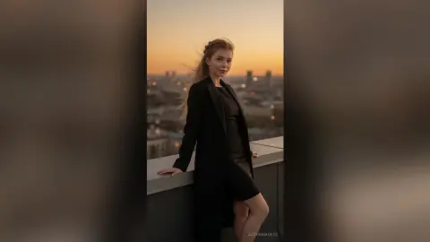 Elegant woman in a black dress and coat standing on a city rooftop during a golden sunset.