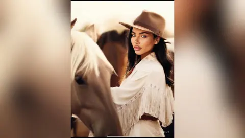 Beautiful woman in white fringed boho outfit and brown hat posing with a white horse in a rustic ranch setting.