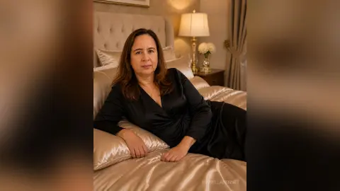Elegant woman in a black satin dress relaxing on a luxury bed in a warm, cozy bedroom setting.