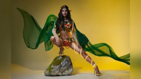 Woman in floral elf cosplay with a flowing green cape sitting on a mossy rock in a dreamy forest setting.