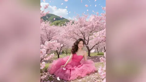 Young woman in a flowing pink tulle gown sitting under blooming cherry blossom trees in a dreamy spring garden.