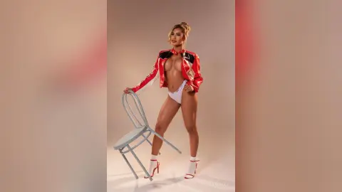 Glamorous woman in a red leather jacket and white lingerie posing confidently in a studio setting.