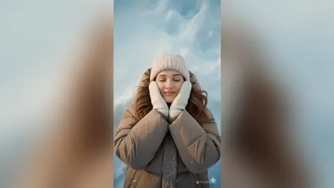 KetrinRosse — Serene woman in a beige puffer jacket and knit beanie enjoying a peaceful moment in a snowy winter landscape.