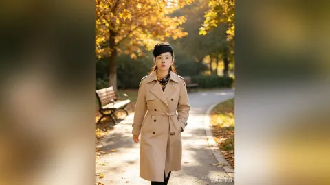 AuraraFeng — AuraraFeng stands on a park path wearing a tan trench coat and a black headband during autumn.
