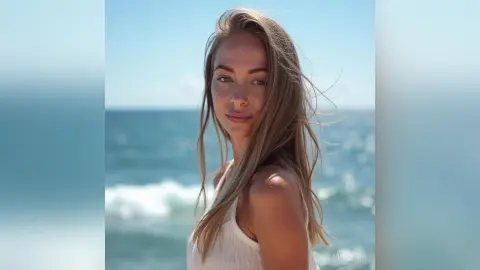 Smiling young woman in a white tank top enjoying a sunny, breezy day at the beach by the ocean.
