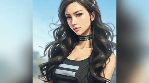 Anime style portrait of a beautiful woman with long wavy hair wearing a black striped tank top in soft daylight.
