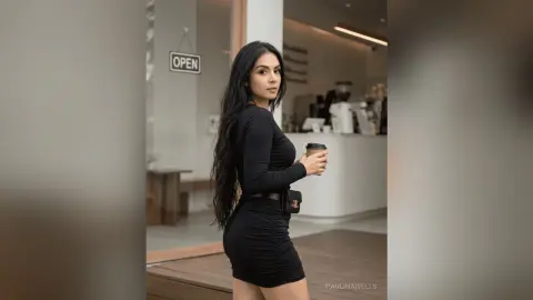 Stylish woman in a black long-sleeve mini dress holding a coffee cup outside a cafe.