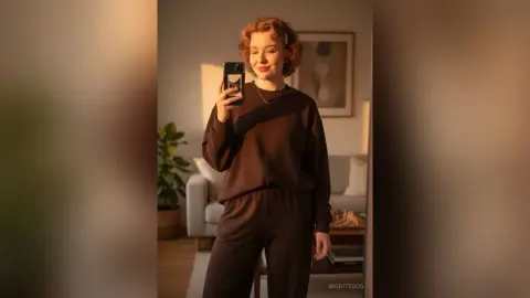 IngritEgos takes a mirror selfie wearing a dark brown sweatshirt and matching lounge pants in a warm, lit room.