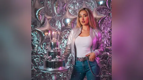 Glamorous woman in silver jacket and jeans celebrating with a tiered cake against a sparkly disco balloon backdrop.