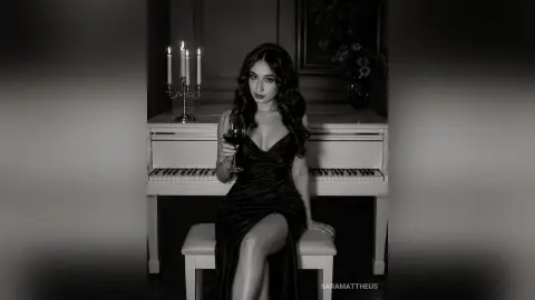 Elegant woman in a black evening gown holding red wine by a white piano in a moody, candlelit room.