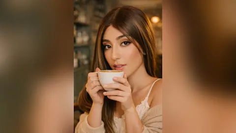 Young woman in a white lace top sipping coffee in a cozy, warm cafe setting.