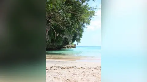 Serene tropical beach with turquoise ocean water, white sand, and lush green cliffs under a bright sky.