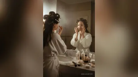 Young woman in a white bathrobe applying skincare products in a bathroom mirror with hair rollers in.