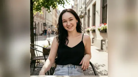 EllaVietor smiles while sitting at an outdoor cafe table wearing a black tank top and denim shorts.