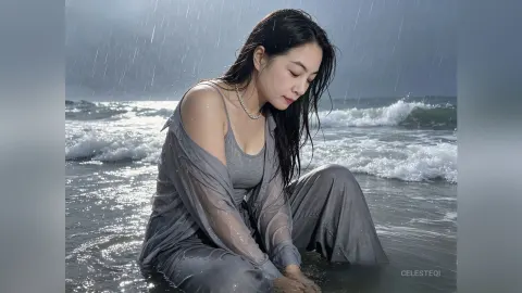 CelesteQi — CelesteQi sits in the ocean waves wearing a wet grey tank top and matching pants during a rainstorm.