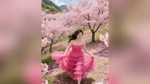 Smiling woman in a flowing pink ruffled dress walking through a dreamy blooming cherry blossom orchard.