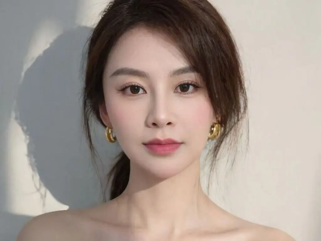 Elegant woman with gold hoop earrings and natural makeup posing against a neutral studio background.
