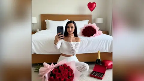 Young woman in white lace outfit sitting on a bed with red roses and heart balloon for a romantic Valentine's Day.