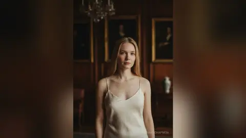 Elegant blonde woman in a white silk slip dress posing in a moody, vintage dark academia library setting.