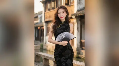Elegant woman in a black floral cheongsam holding a silver fan in a traditional historic village setting.