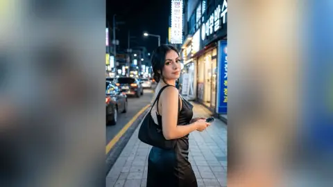 Elegant woman in a black satin dress holding a phone on a glowing city street at night.