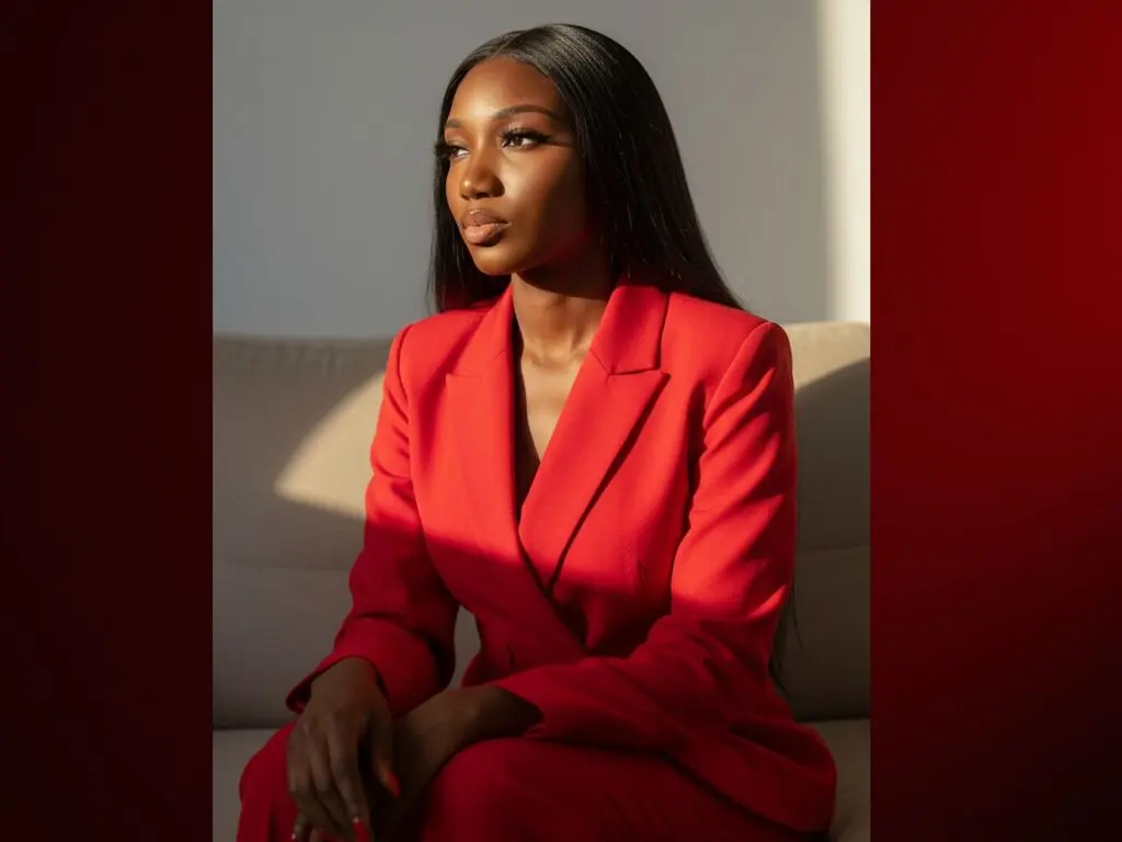 Elegant Black woman in a red blazer sitting in warm sunlight for a sophisticated portrait.