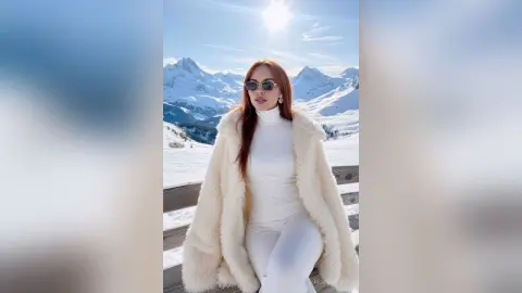 Stylish woman in a white turtleneck and fuzzy cream coat posing in a sunny snowy mountain landscape.